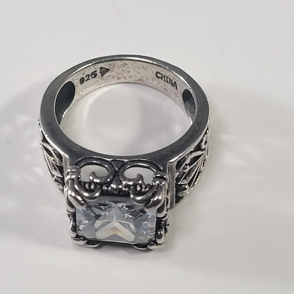 Sterling Silver Gothic Ring Size 7.75 Large Princess Cut Glass Statement‎ Ring